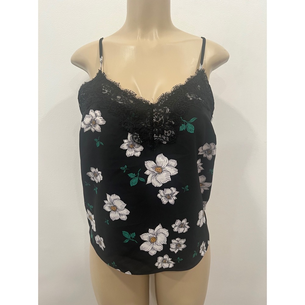 Bar III Cami Top Womens XS Black New Floral Lace Trim Adjustable Straps New Y2K